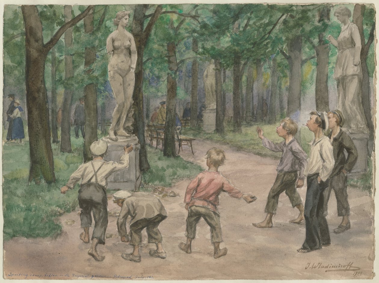 Sportskonkurrence i Imperial Gardens: Petrograd, juli 1921 fra serien af akvareller R af Ivan Alexeyevich Vladimirov