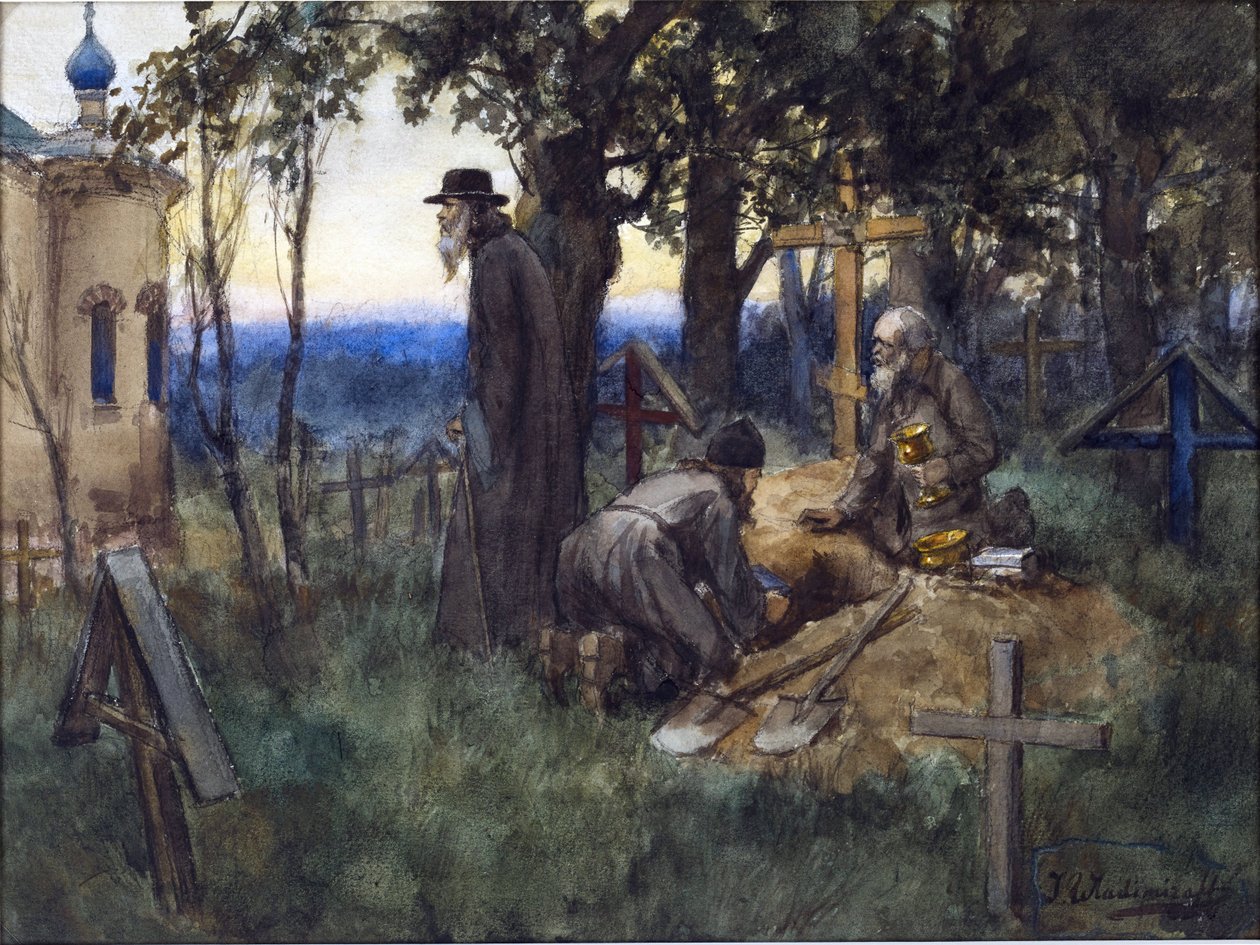 Præsterne gemmer kirkeskatte i en ny grav på en kirkegård af Vladimirov, Ivan Alexeyevich (1869-1947). Akvarel, Gouache på papir af Ivan Alexeyevich Vladimirov