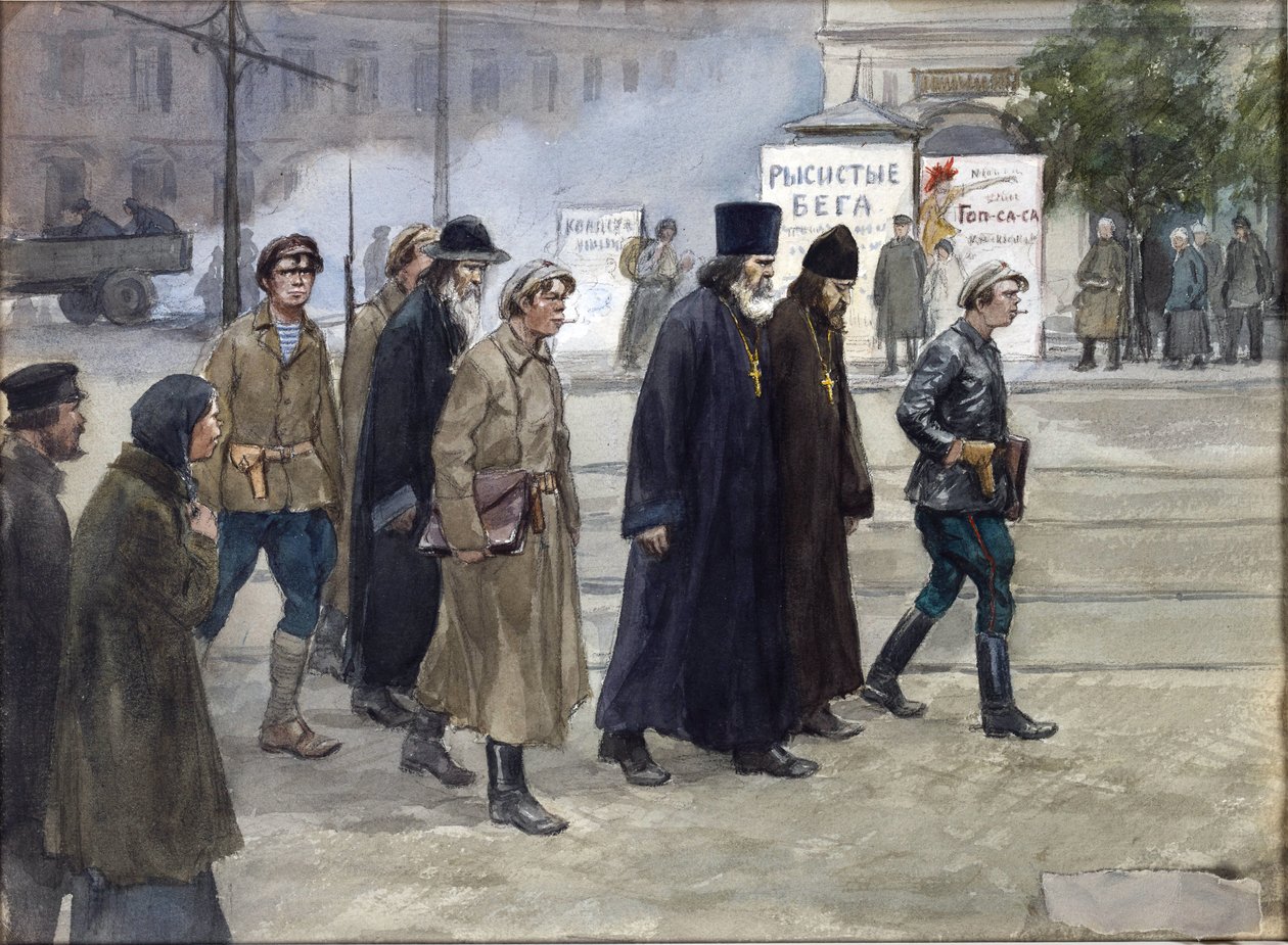 Præsterne overbragt til dom af Vladimirov, Ivan Alexeyevich (1869-1947). Akvarel, Gouache på papir af Ivan Alexeyevich Vladimirov
