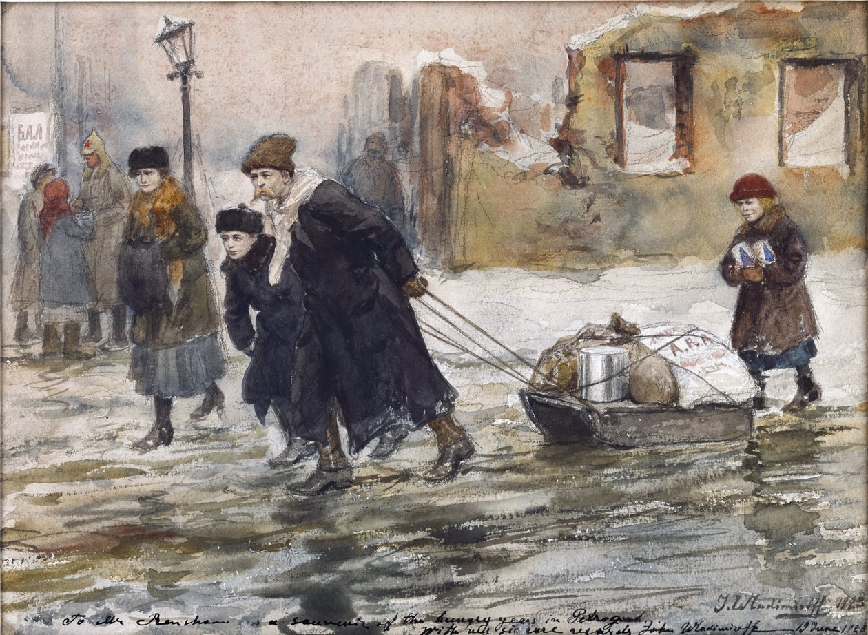 Transport af mad på en slæde af Vladimirov, Ivan Alexeyevich (1869-1947). Akvarel, Gouache på papir af Ivan Alexeyevich Vladimirov