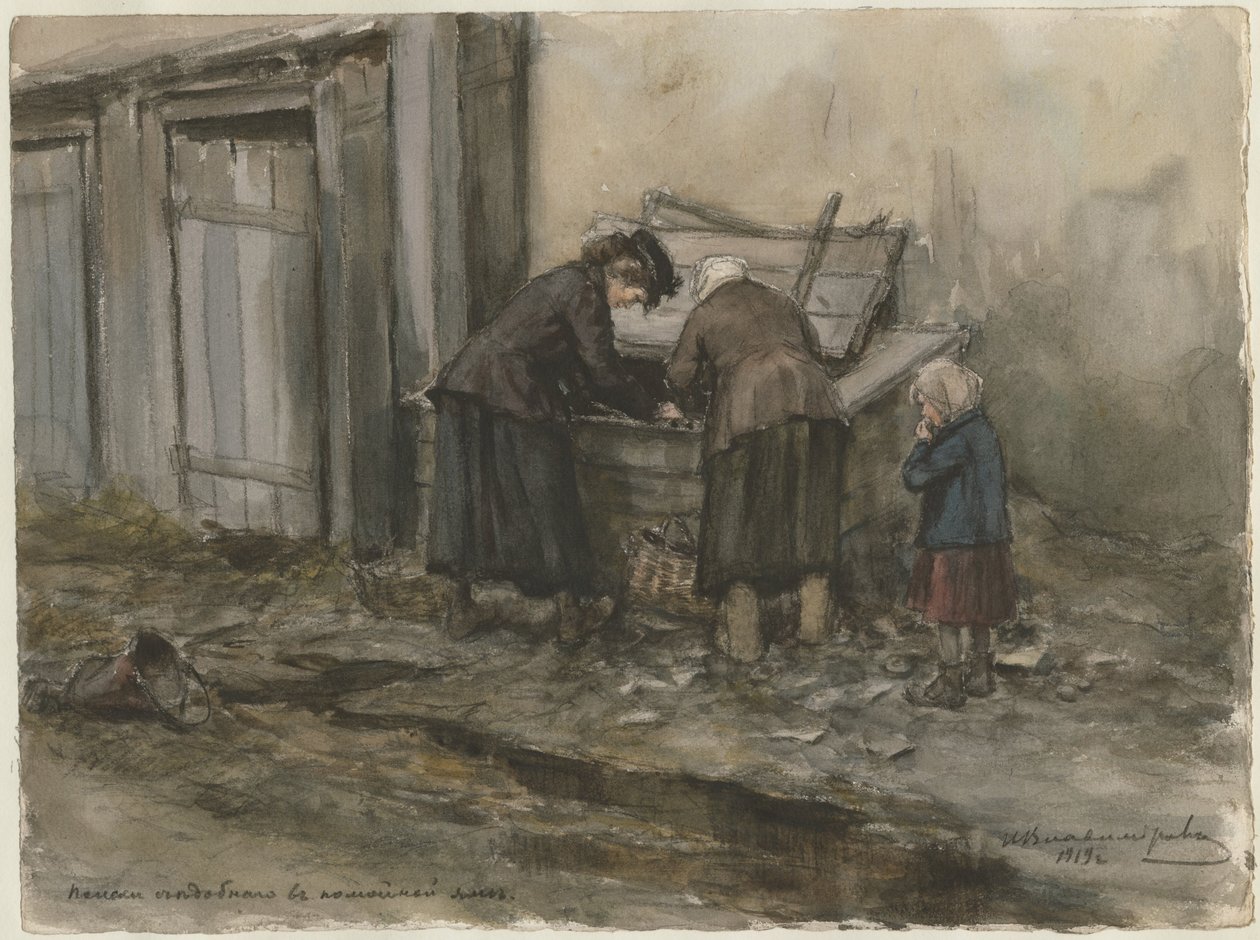 To kvinder og et barn søger gennem skraldespanden fra den russiske revolutions serie af akvareller af Ivan Alexeyevich Vladimirov