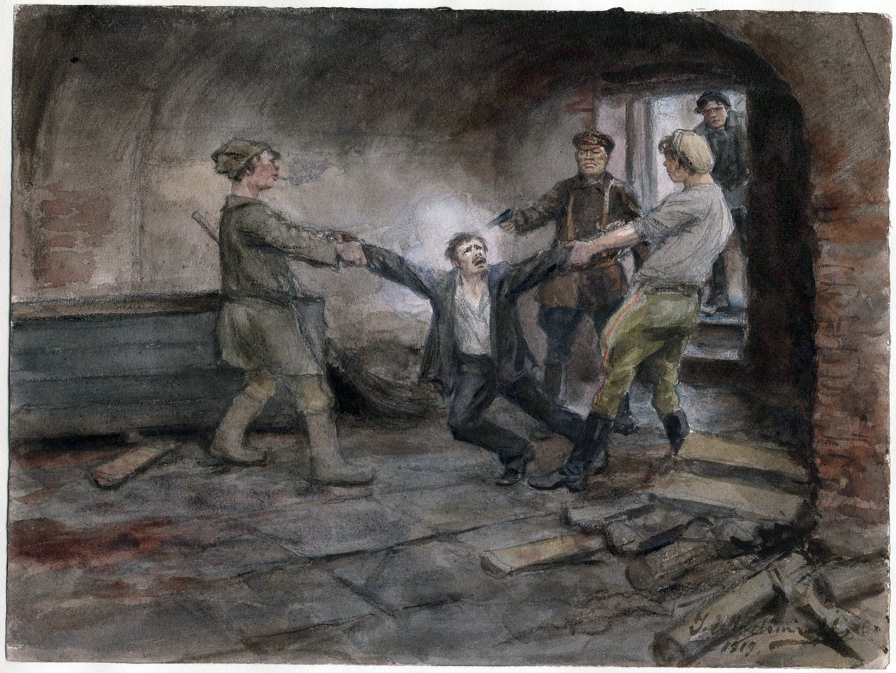 Un detenu emmene pour etre execute - Mand bliver holdt og henrettet (fra serien af akvareller russiske revolution) - Vladimirov, Ivan Alexeyevich (1869-1947) - 1919 - Akvarel på papir - 25,7x34,5 - Privat samling af Ivan Alexeyevich Vladimirov