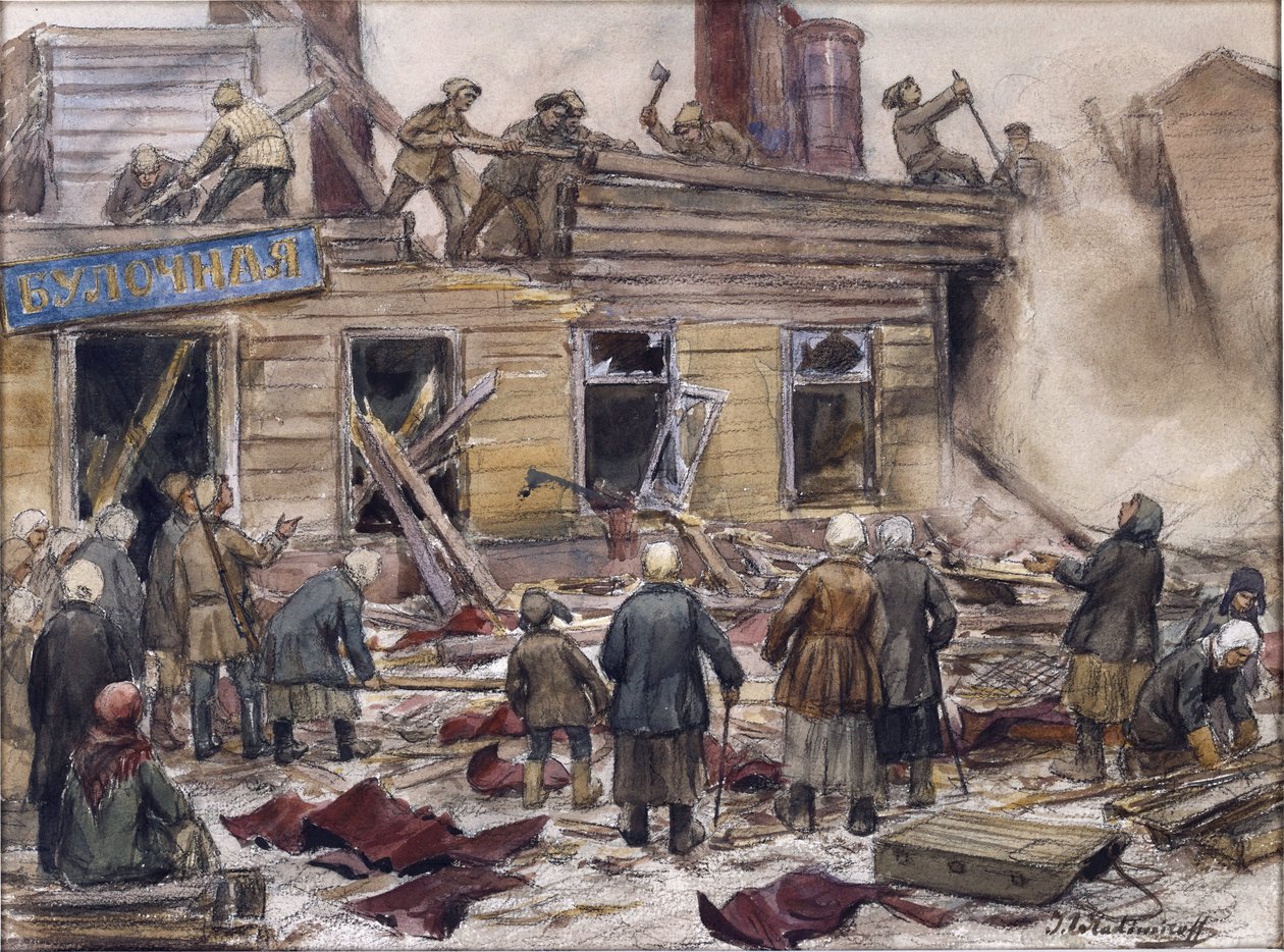 Håndværkere, der river træhuse ned til brændstof af Vladimirov, Ivan Alexeyevich (1869-1947). Akvarel, Gouache på papir af Ivan Alexeyevich Vladimirov