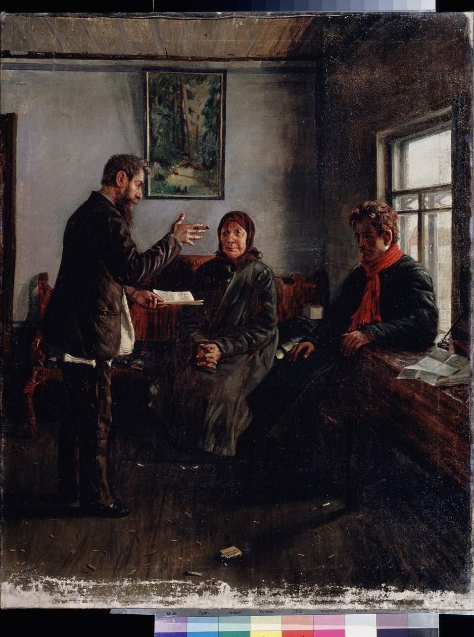 På advokatens kontor. Maleri af Ivan Anisimovich Mukhin (1876-1944), olie på lærred, russisk kunst fra det 19. århundrede. Statens regionale I. Pozhalostin kunstmuseum, Ryazan (Rusland) af Ivan Anisimovich Mukhin