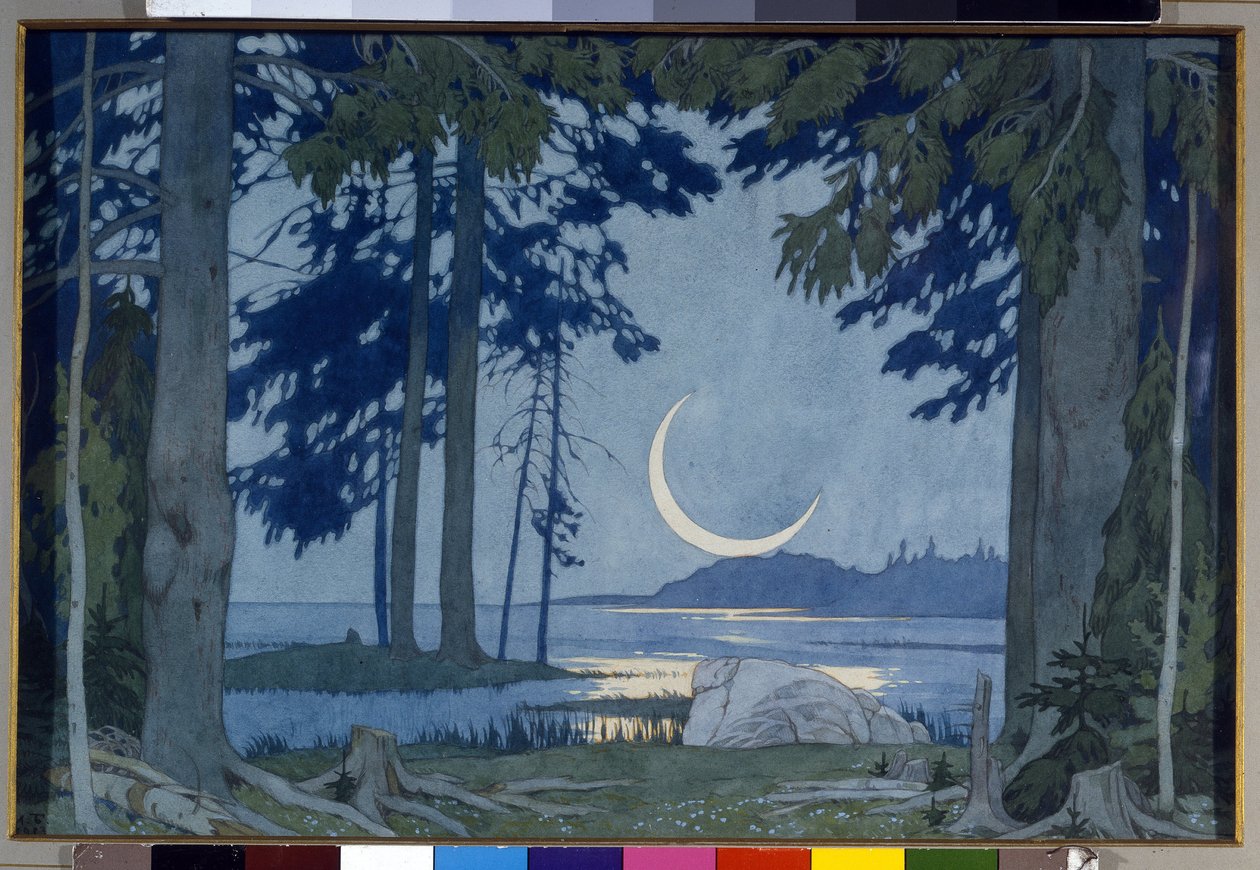 Måneskin over Ilmen-søen. Scene til operaen Sadko af Nicholas (Nikolai) Rimsky Korsakov (Rimsky-Korsakov) (1844-1908) (Nat ved søen Ilmen. Scenedesign til operaen Sadko af N. Rimsky-Korsakov (Rimsky Korsakov). Værk af Ivan Yakolevich Bilibi af Ivan Yakovlevich Bilibin