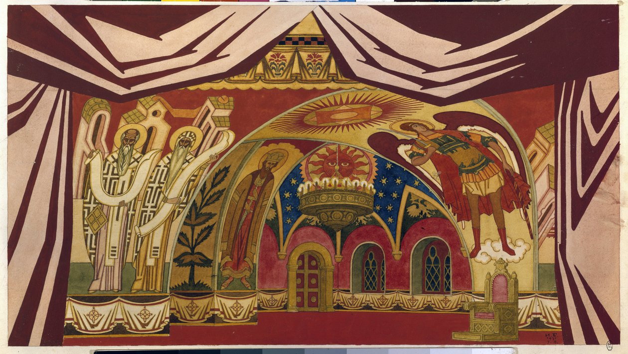 Dekoration til operaen ""Zarens Brud"" af Nicolas (Nikolai) Rimsky Korsakov (Rimsky-Korsakov) (1844-1908). Værk af Ivan Yakovlevich Bilibin (Bilibin) (1876-1942), akvarel og gouache på papir af Ivan Yakovlevich Bilibin