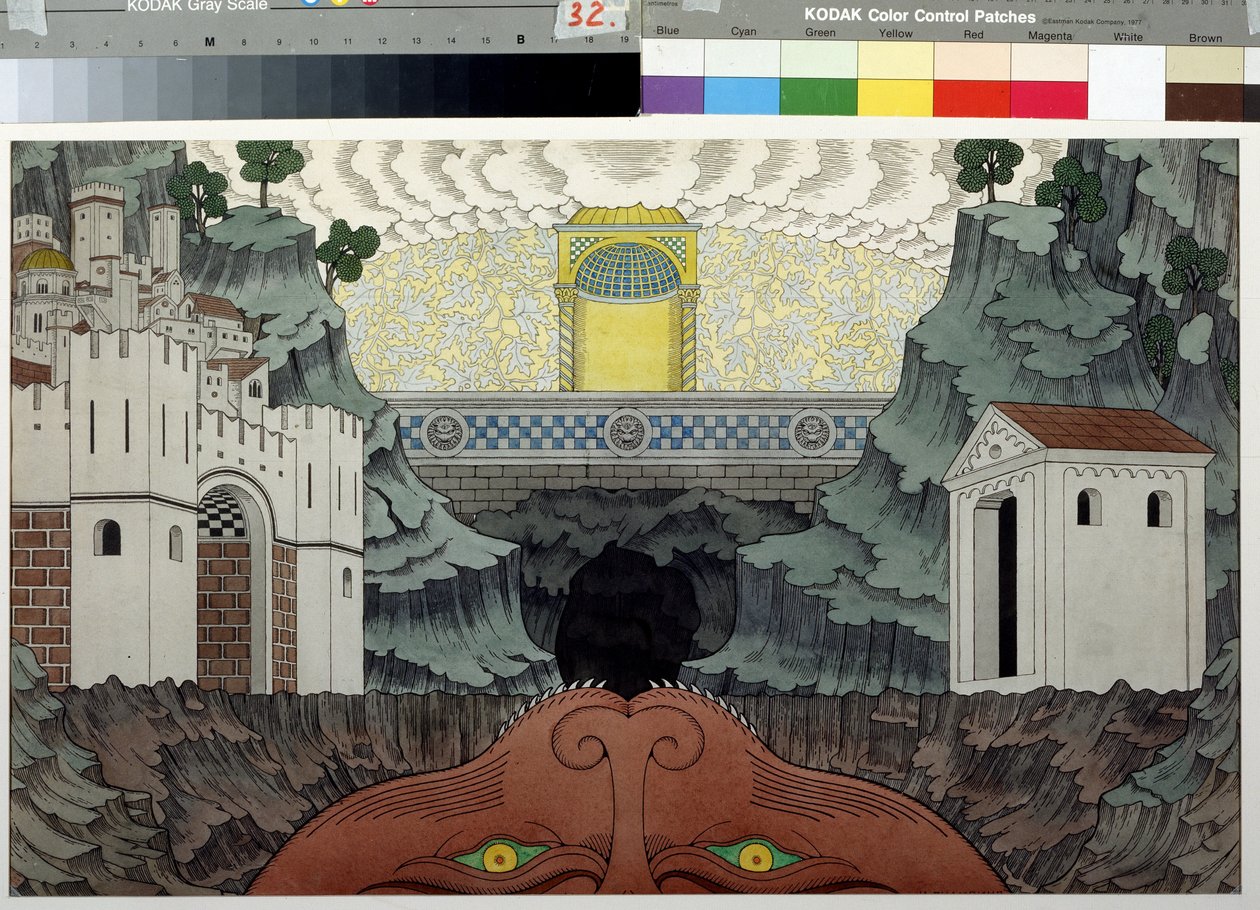 Forberedende tegning til skuespillet ""Le miracle de Theophile"" af Rutebeuf (1230-1285) (Scenedesign til stykket Le Miracle de Theophile af Rutebeuf). Maleri af Ivan Yakolevich Bilibin (Bilibin) (1876-1942). Akvarel og blæk på papir, 39,5 x 64 cm af Ivan Yakovlevich Bilibin