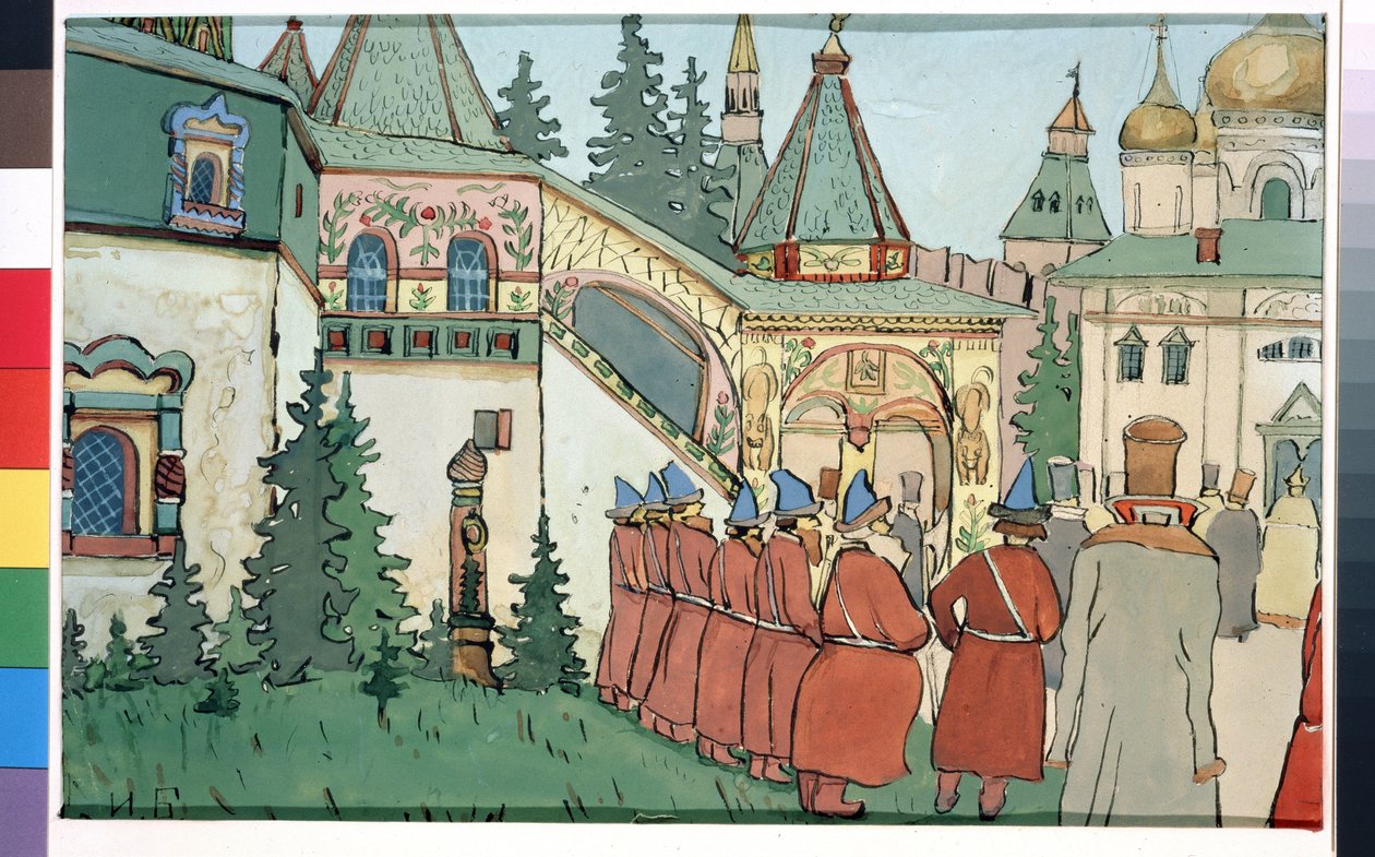 Forberedende tegning til teaterstykket Falken Finist inspireret af den russiske fortælling ""Fjeren til Finist den stolte falk"" (Scenedesign til teaterstykket Falken Finist). Maleri af Ivan Yakolevich Bilibin (Bilibin) (1876-1942). Akvarel, gouach af Ivan Yakovlevich Bilibin