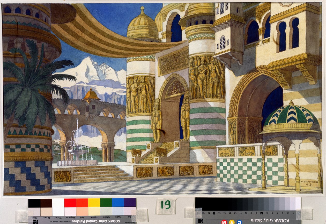Forberedende tegning til indretningen af ​​operaen "Rouslan og Ludmila" af Mikhail Igor Glinka (1804-1857) (Scenedesign til operaen Ruslan og Ludmila af M.Glinka). Maleri af Ivan Yakolevich Bilibin (Bilibin) (1876-1942). Akvarel og blæk på papir, 3 af Ivan Yakovlevich Bilibin
