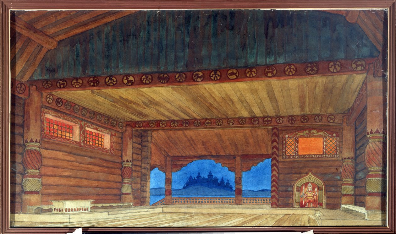 Forberedende tegning til indretningen af ​​operaen Ruslan og Ludmila af Mikhail Igor Glinka (1804-1857) (Scenedesign til operaen Ruslan og Ludmila af M.Glinka). Maleri af Ivan Yakolevich Bilibin (Bilibin) (1876-1942). Akvarel på papir, 36 x 61 cm af Ivan Yakovlevich Bilibin