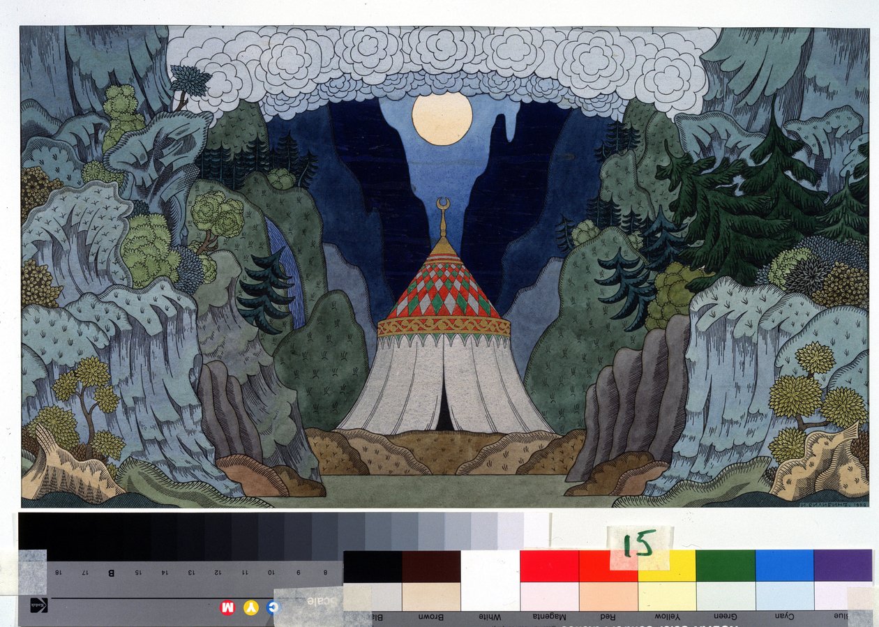 Forberedende tegning til opsætningen af ​​operaen ""den gyldne hane"" af Nicholas (Nikolai) Rimsky Korsakov (Rimsky-Korsakov) (1844-1908) (Scenedesign til operaen The Golden Cockerel af N. Rimsky-Korsakov (Rimsky Korsakov) Tegning af Ivan Yakolevich Bilibi af Ivan Yakovlevich Bilibin