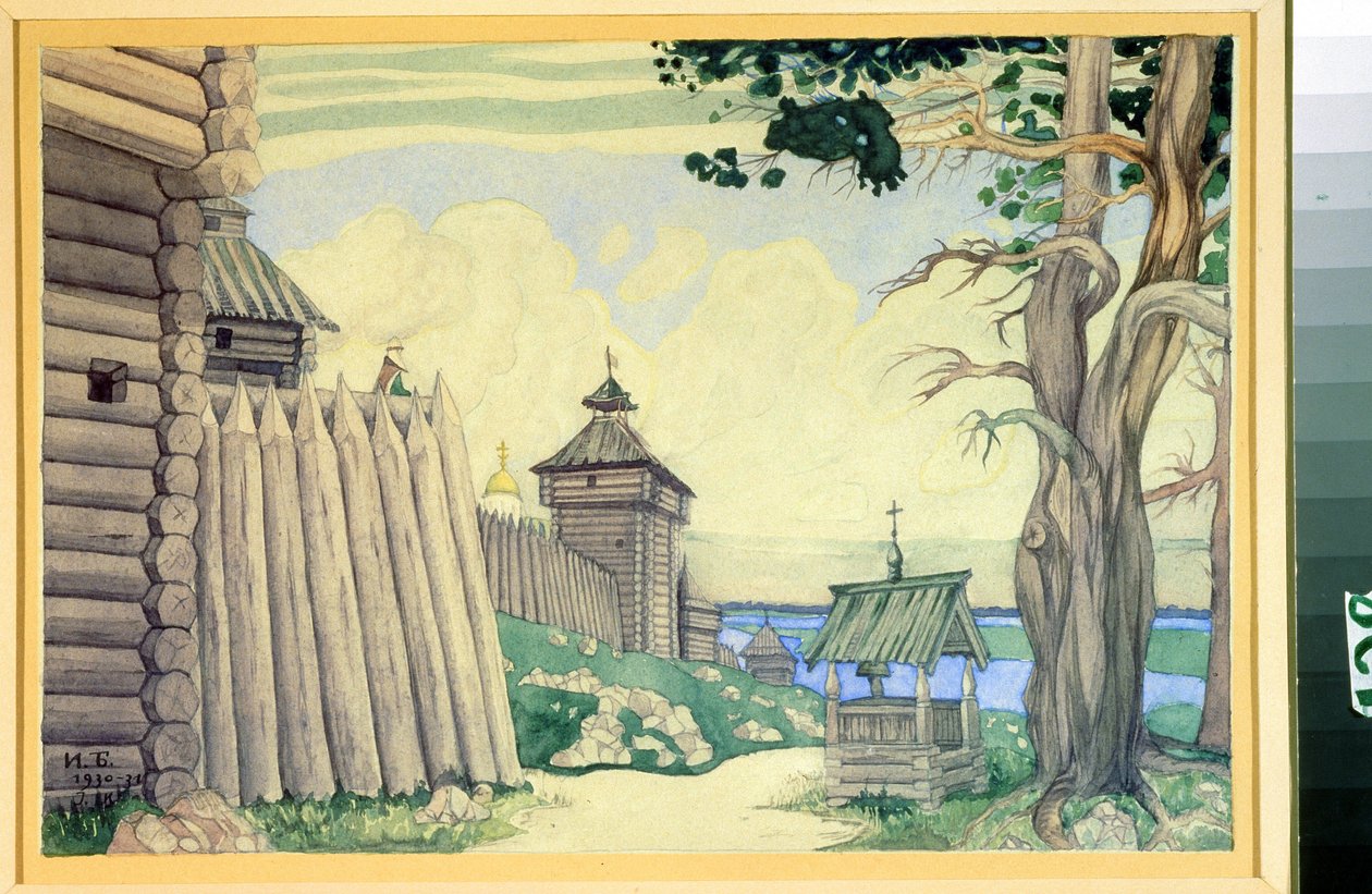 Forberedende tegning til operaen ""Prince Igor"" af Alexandre Borodin (1833-1887) (Scenedesign til operaen Prince Igor af A. Borodin). Tegning af Ivan Yakolevich Bilibin (Bilibin) (1876-1942). Akvarel på papir, 24 x 37 cm af Ivan Yakovlevich Bilibin