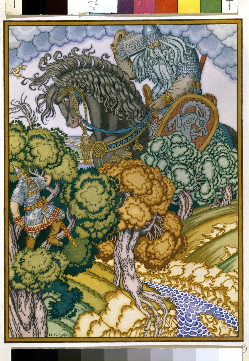Ilia af Murom, der sidder i et træ, observerer vende tilbage af kæmpen, der bærer en krystalkiste. Illustration til ""Ilia Muromets og Sviatogor"". Værk af Ivan Yakovlevich Bilibin (Bilibin) (1876-1942), akvarel og gouache på papir af Ivan Yakovlevich Bilibin