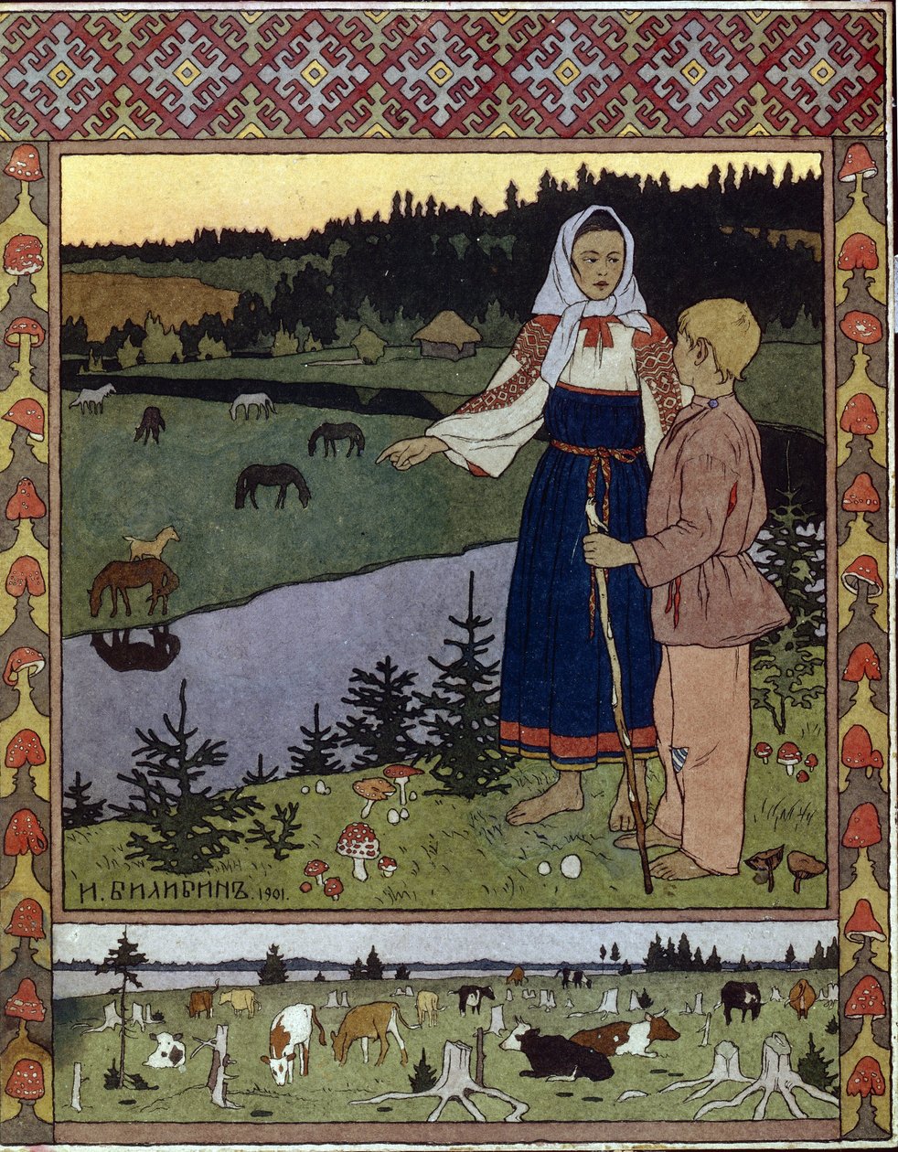 Illustration til den traditionelle fortælling Alyonouchka og Ivanouchka. Værk af Ivan Yakovlevich Bilibin (Bilibin) (1876-1942), litografi af Ivan Yakovlevich Bilibin