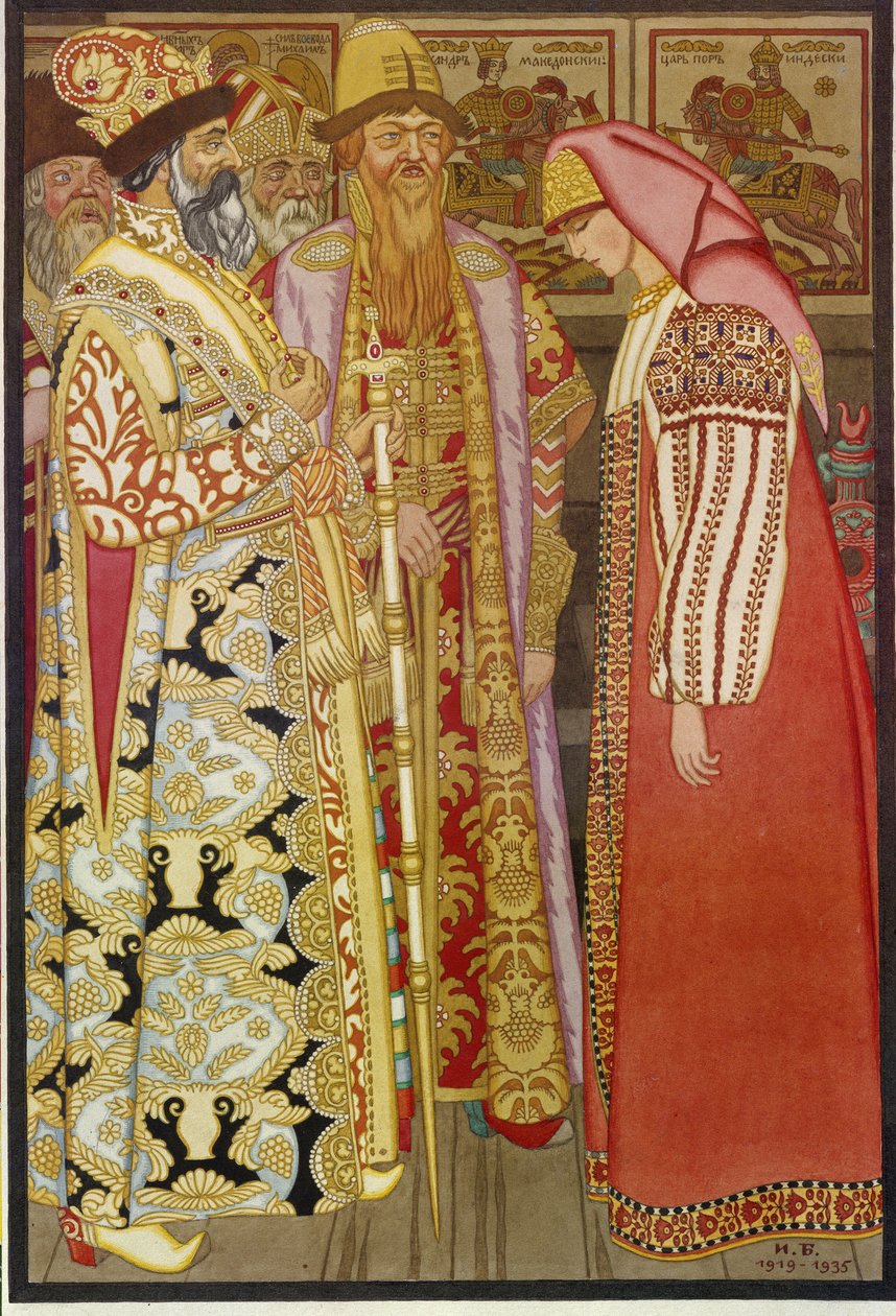 Bueskyttens hustru før zaren og hans følge, illustration fra den russiske fortælling ""Gå, jeg ved ikke hvor, bring tilbage, jeg ved ikke hvad"" (bueskyttens kone før zaren og hans følge) - Maleri af Ivan Yakolevich Bilibin (Bilibin) (1876-1942) af Ivan Yakovlevich Bilibin