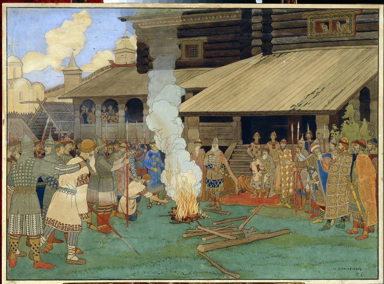 Retfærdighedsbehandling i Kievan Rus. På den offentlige plads, på prins Yaroslav Vladimirovichs tid, kendt som den vise (978-1054), scene for prøvelser, Guds dom, knæler den anklagede af Ivan Yakovlevich Bilibin
