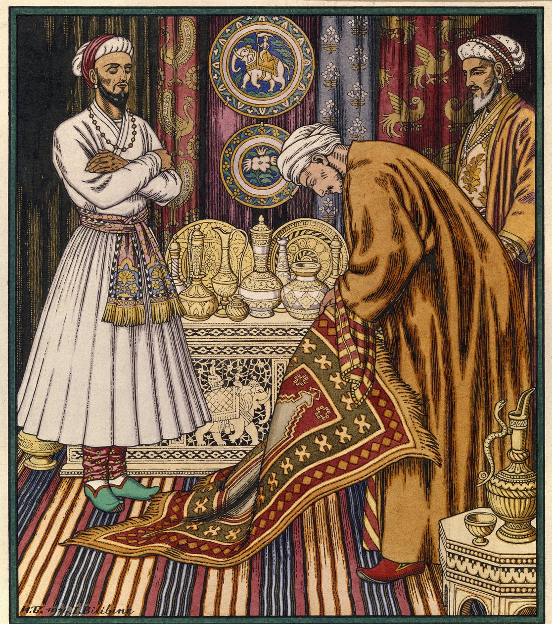 Prins Ali køber et magisk tæppe. Illustration til en arabisk fortælling. (Prins Ali køber et tæppe). Maleri af Ivan Yakolevich Bilibin (Bilibin) (1876-1942). Akvarel på papir. Sankt Petersborg, det russiske statsmuseum. af Ivan Yakovlevich Bilibin