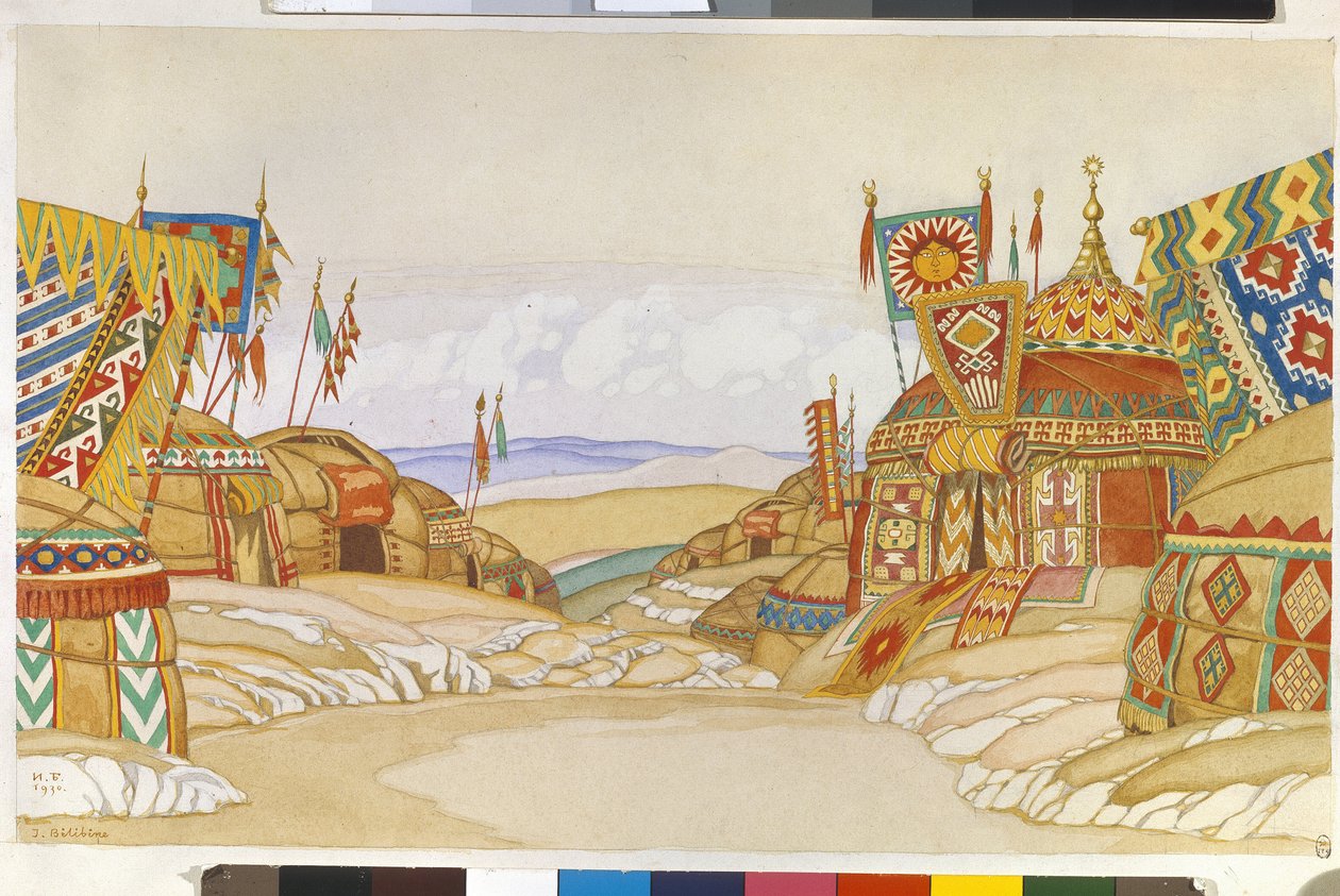 Militærlejren Polovtsien (eller Couman, Kouman). Dekoration til operaen ""Prins Igor"" af Alexandre Borodin (Borodin) (1833-1887). Værk af Ivan Yakovlevich Bilibin (Bilibin) (1876-1942), akvarel på papir af Ivan Yakovlevich Bilibin