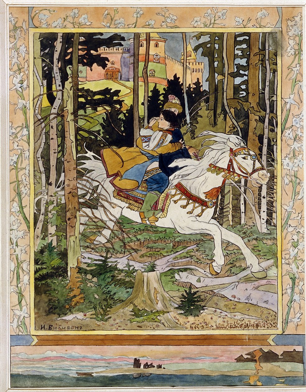 Prins Ivan. (Ivan Tsarevich). Helte fra russiske folklorelegender, rider på en hvid hest i skoven, flygter fra et slot og krammer Vassilisa La Tres Belle i hendes arme. Illustration af Ivan Yakovlevich Bilibin (Bilibin) (1876-1942), akvarel af Ivan Yakovlevich Bilibin