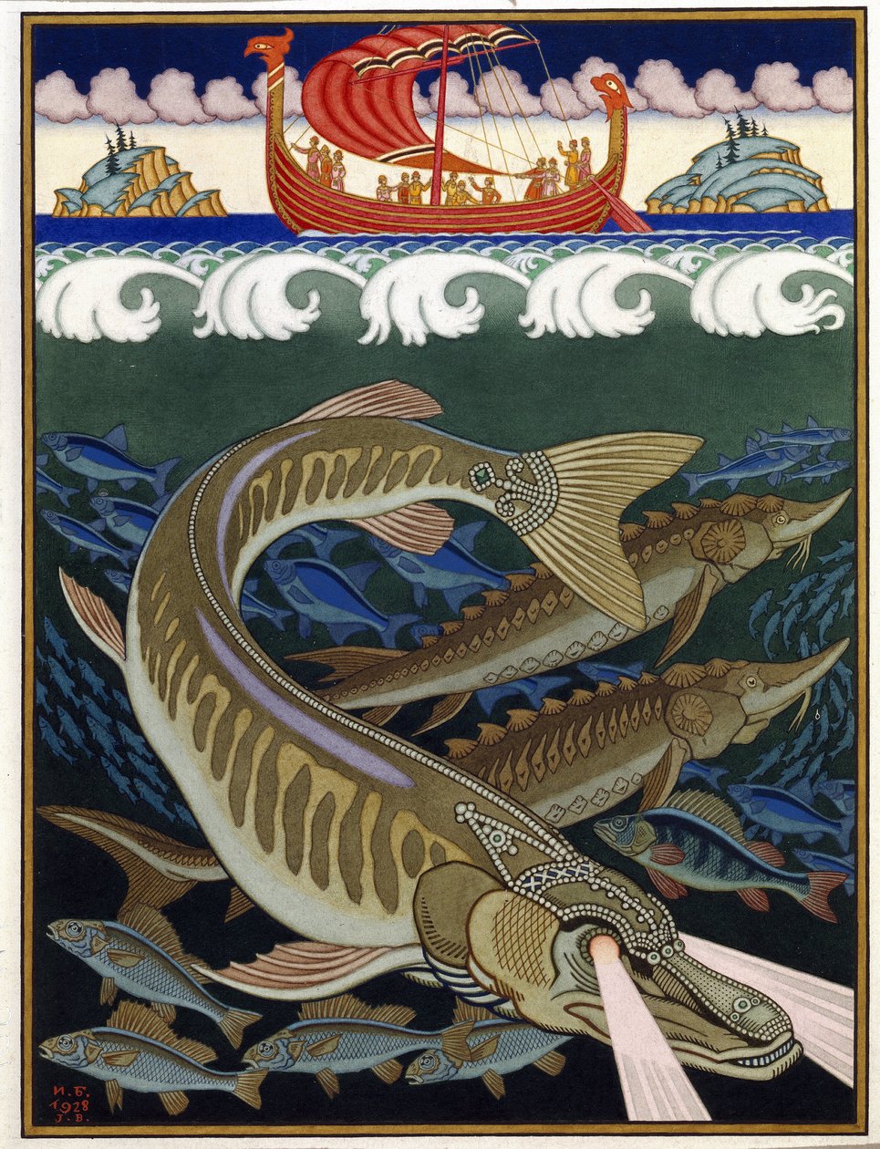 Havets imperium (Sea Empire). Russisk traditionel fortælling. Værk af Ivan Yakovlevich Bilibin (Bilibin) (1876-1942), akvarel og gouache på papir af Ivan Yakovlevich Bilibin