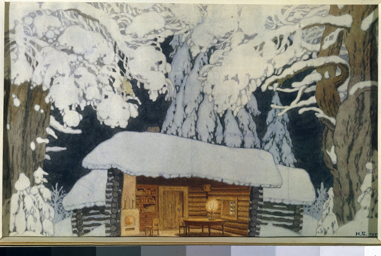 Træhus i den snedækkede skov. Landskab til skuespillet ""Commander Suvorov"". Værk af Ivan Yakovlevich Bilibin (Bilibin) (1876-1942), akvarel og gouache på papir af Ivan Yakovlevich Bilibin