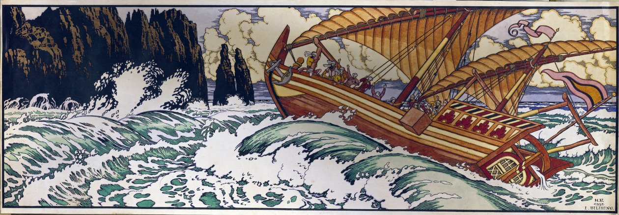 Sømanden Sinbad. Illustration til den arabiske traditionelle fortælling om Tusind og én nat. Værk af Ivan Yakovlevich Bilibin (Bilibin) (1876-1942), akvarel på papir af Ivan Yakovlevich Bilibin