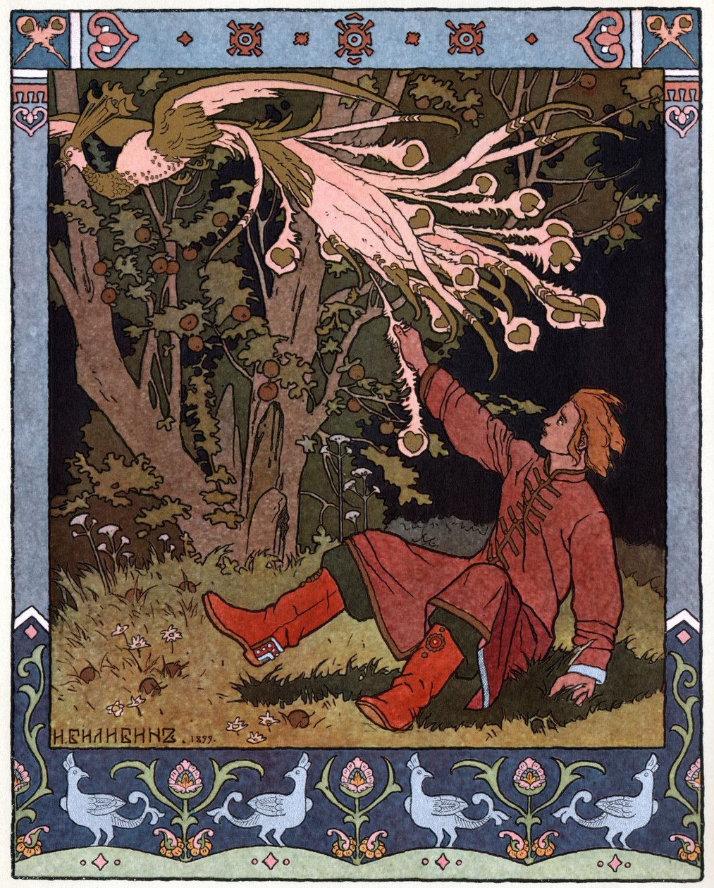 Tsarevitch Ivan, Ildfuglen og den grå ulv, ca. 1899 (litografi) af Ivan Yakovlevich Bilibin