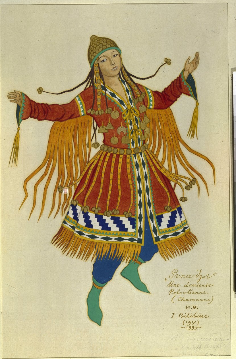 En polovtsisk (eller Couman, Kuman) shamandanser. Kostume til operaen ""Prince Igor"" af Alexandre Borodin (Borodin) (1833-1887). Værk af Ivan Yakovlevich Bilibin (Bilibin) (1876-1942), akvarel på papir af Ivan Yakovlevich Bilibin