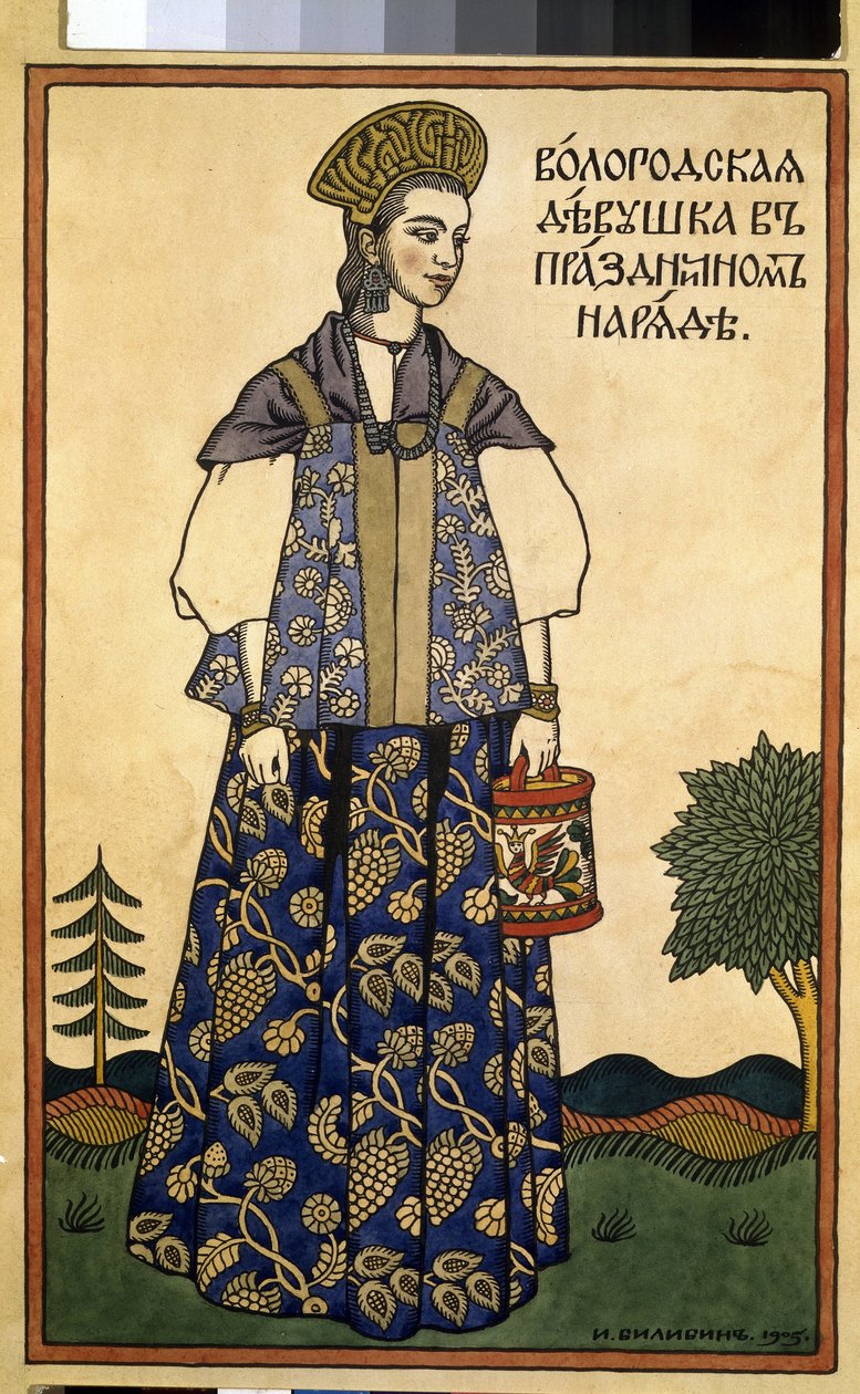 En ung dame fra Vologda i en festlig kjole. (En jomfru fra Voloda i festdragt). Iført en Kokochnik, høj hovedbeklædning og en sarafan, lige ærmeløs kjole, fra regionen nord for Moskva. Værk af Ivan Yakovlevich Bilibin (Bilibin) (1876-1942), fordi af Ivan Yakovlevich Bilibin