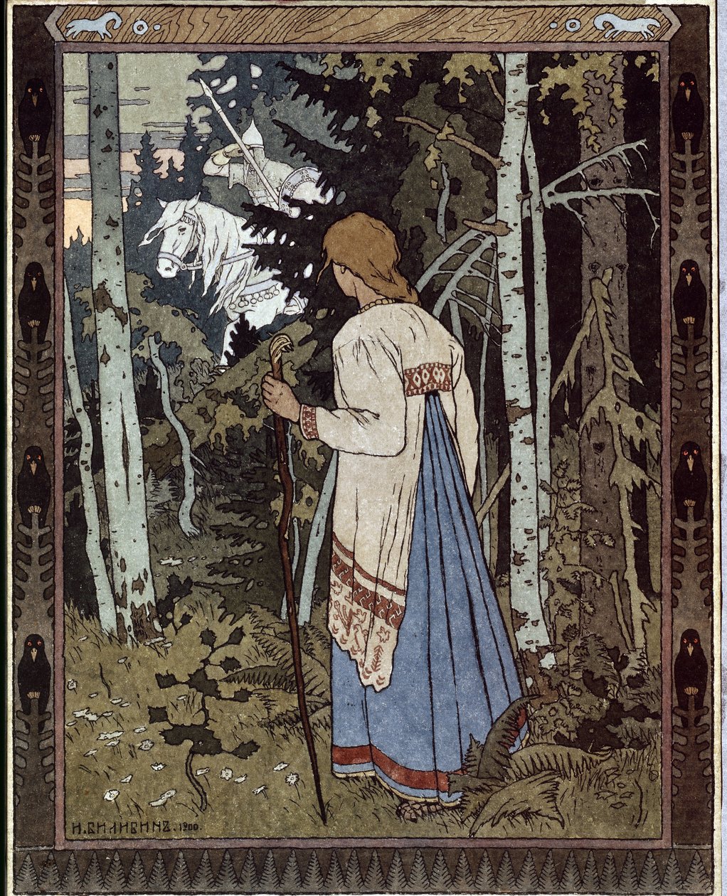 Vassilisa den smukkeste og den hvide rytter. (Vasilisa den smukke og den hvide rytter). (Traditionel russisk fortælling). Værk af Ivan Yakovlevich Bilibin (Bilibin) (1876-1942), litografi af Ivan Yakovlevich Bilibin