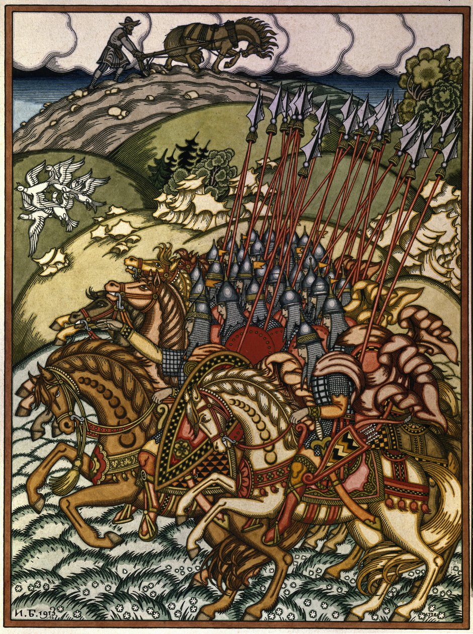 Volga Sviatoslavich (Vseslav de Polotsk (vers 1039-1101), storprins af Kiev fra 1068 til 1069) og Mikula Selyaninovich (?). Oeuvre af Ivan Yakovlevich Bilibin (Bilibin) (1876-1942), litografi af Ivan Yakovlevich Bilibin