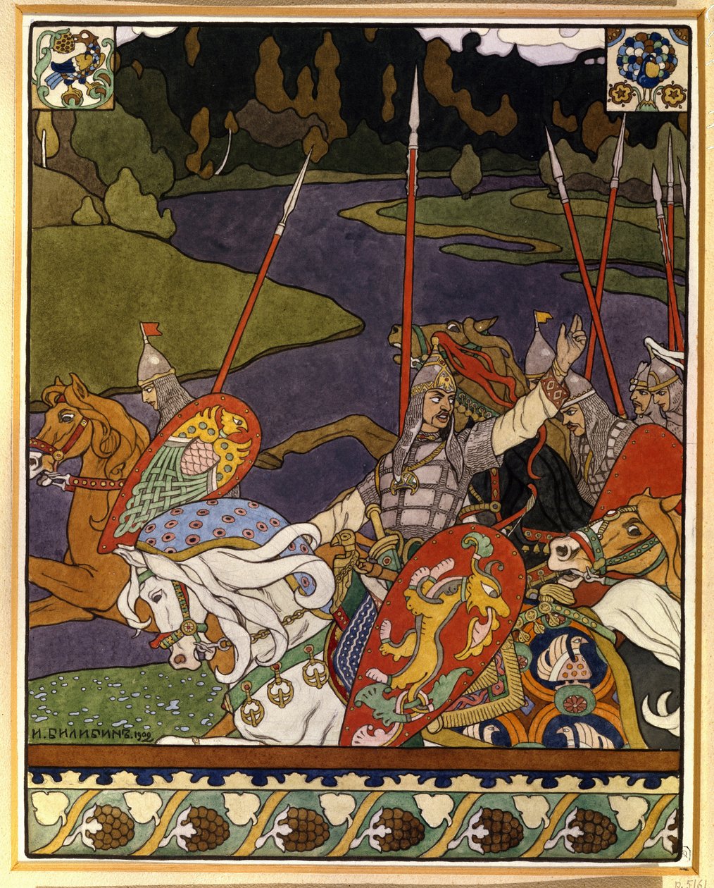 Volga Svyatoslavich og hans hær. (Volga Svyatoslavich og hans hær). Illustration til mytiske epos inspireret af nordrussisk folklore. Værk af Ivan Yakovlevich Bilibin (Bilibin) (1876-1942), litografi af Ivan Yakovlevich Bilibin
