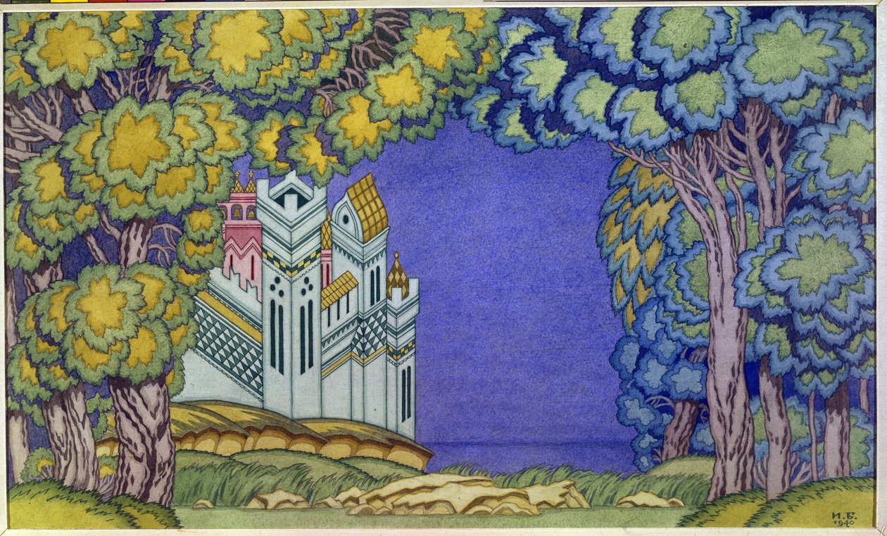 Udsmykning af opera for "The Tale of the Tsar Saltan", Island Buyan af Nicholas (Nikolai) Rimsky Korsakov (Rimsky-Korsakov) (1844-1908) af Ivan Yakovlevich Bilibin