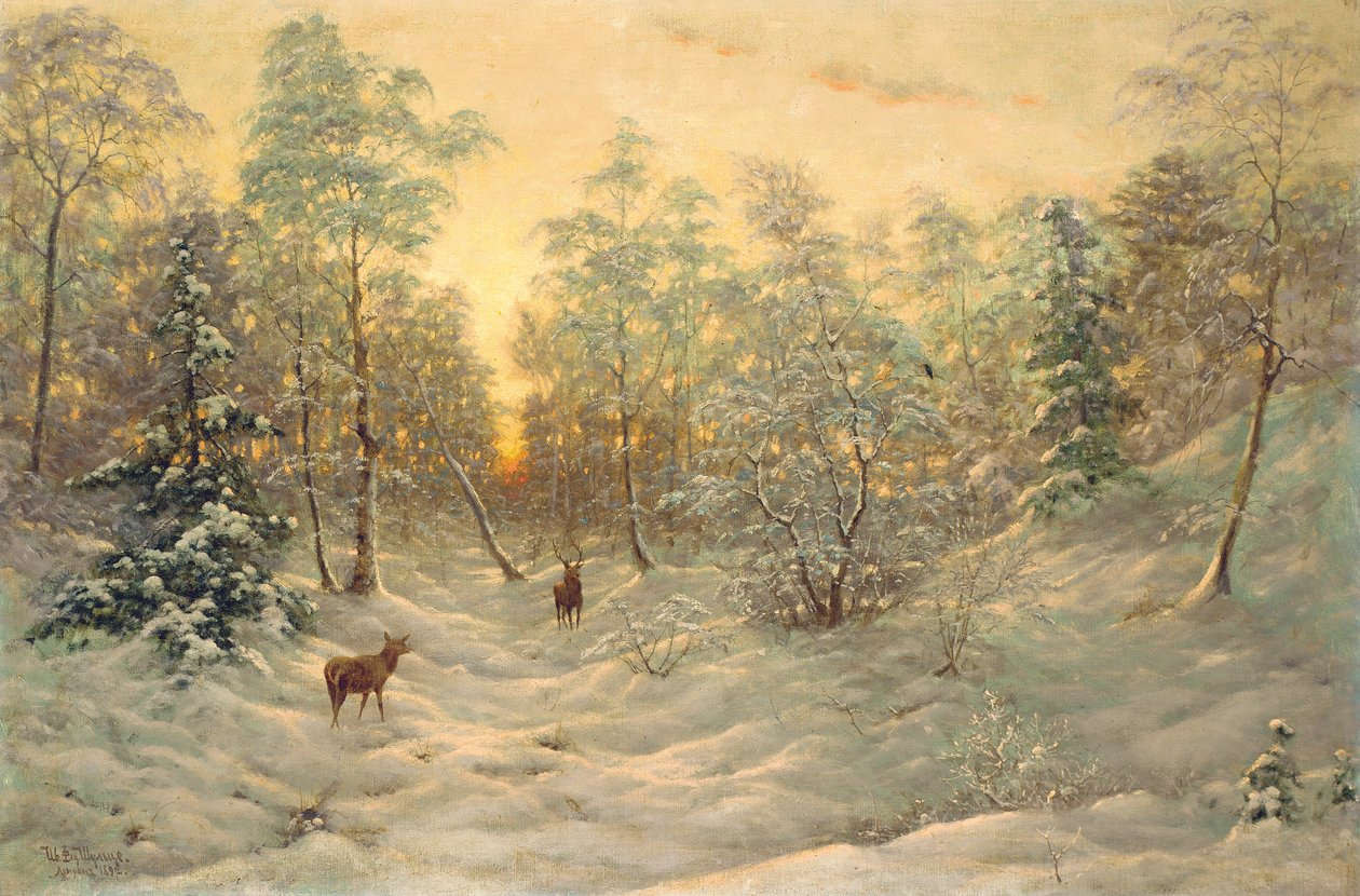 Hjorte i et snedækket landskab i skumringen af Ivan Fedorovich Choultse