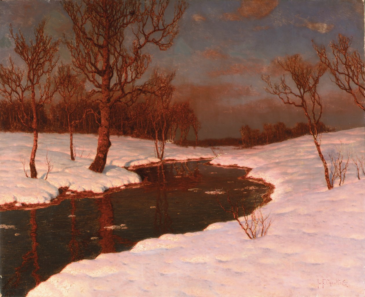 Solnedgang på et snedækket flodlandskab af Ivan Fedorovich Choultse