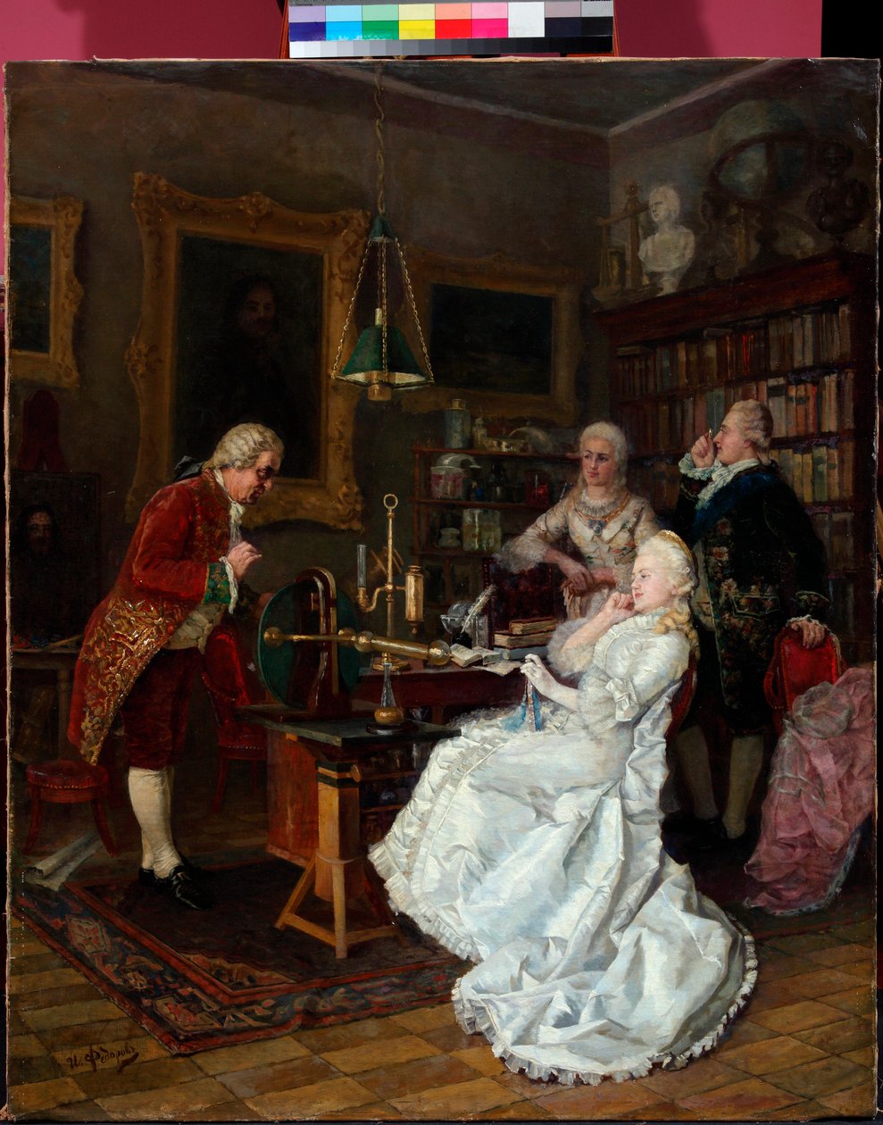 Kejserinde Katarina II af Rusland (1729-1796) på besøg hos Mikhail Lomonosov (1711-1765) (Kejserinde Katarina på besøg hos M.Lomonosov) Maleri af Ivan Fiodorov (Feodorov) (1853-1894) af Ivan Feodorov