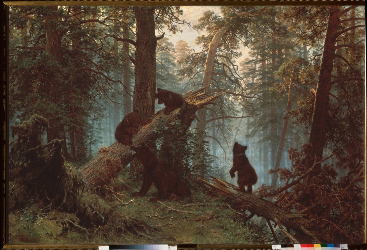 Morgen i en fyrreskov (Tre bjørneunger klatrer i et væltet træ, under deres mors blik) - Morgen i en fyrreskov - Maleri af Ivan Ivanovich Shishkin (Shishkin) (1832-1898), olie på lærred af Ivan Ivanovich Shishkin