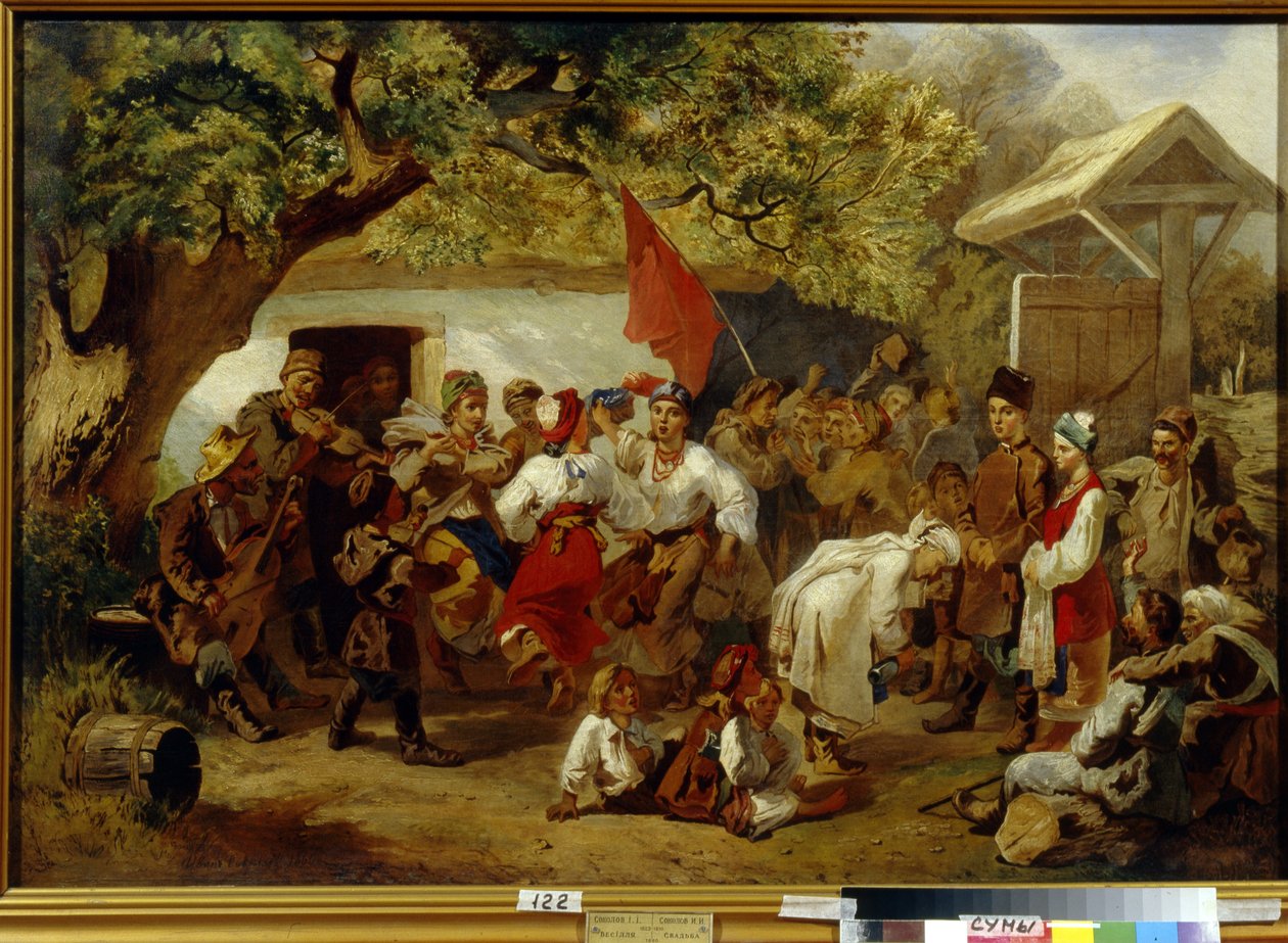 Bryllupsmåltidet. (Bryllupsfesten). Maleri af Ivan Ivanovich Sokolov (1823-1918), olie på lærred af Ivan Ivanovich Sokolov
