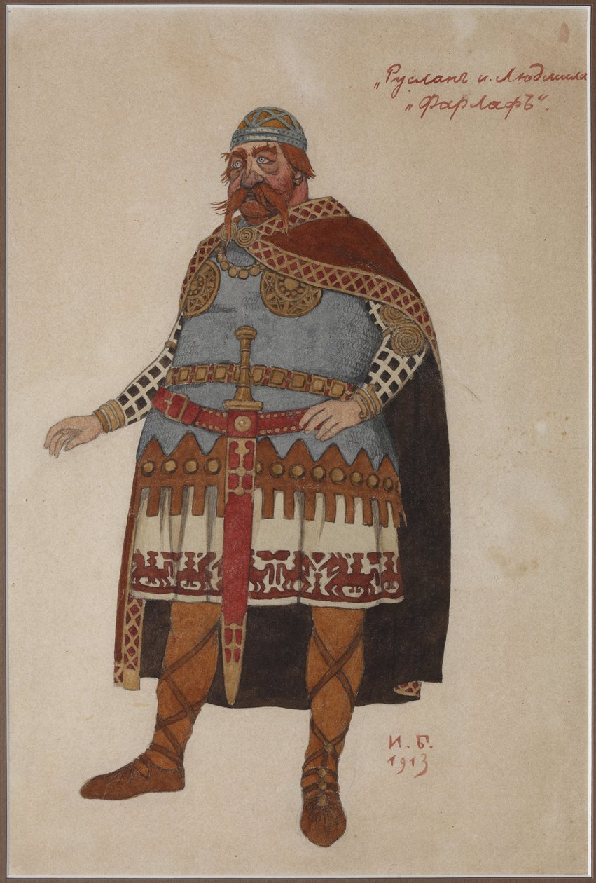 Kostumedesign til operaen Ruslan og Lyudmila af M. Glinka par Bilibin, Ivan Yakovlevich (1876-1942). Akvarel på pap af Ivan Yakovlevich Bilibin