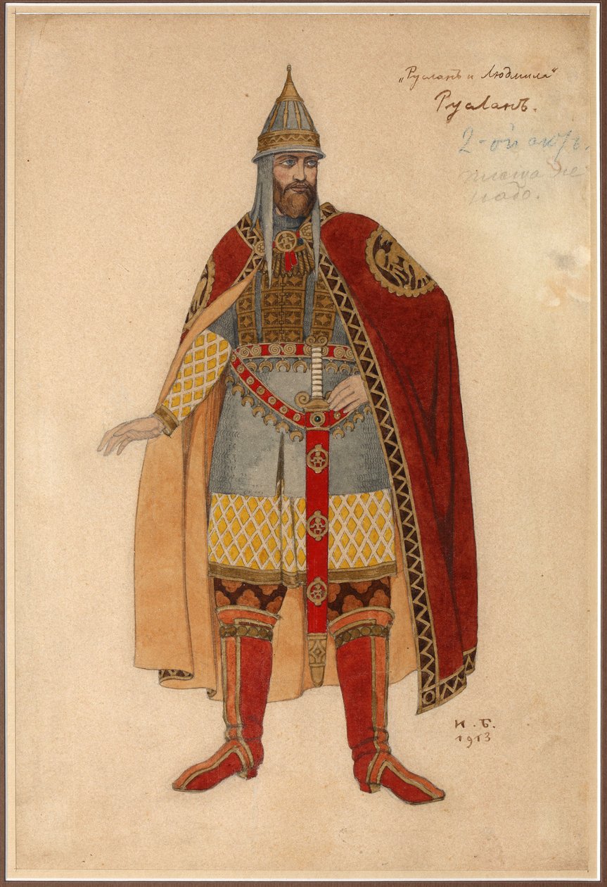 Kostumedesign til operaen Ruslan og Lyudmila af M. Glinka par Bilibin, Ivan Yakovlevich (1876-1942). Akvarel på pap af Ivan Yakovlevich Bilibin