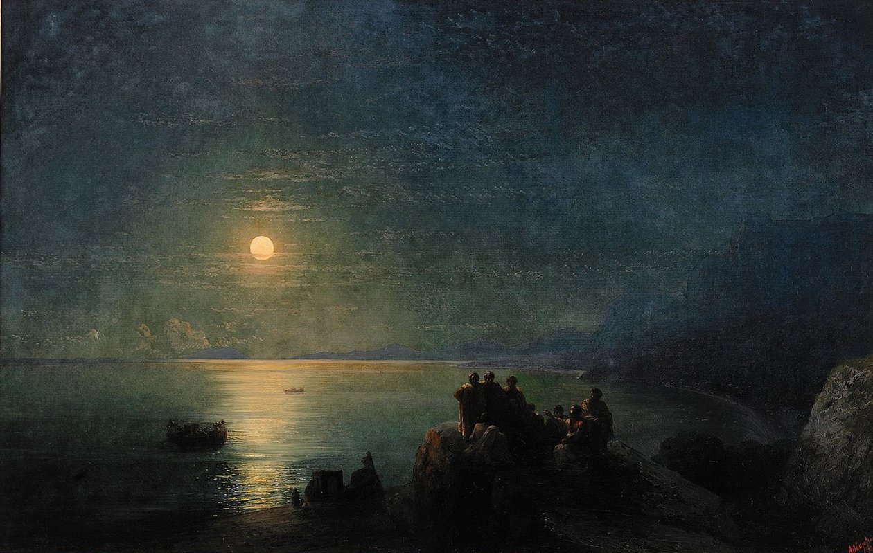 Gamle græske digtere ved vandkanten i måneskin, 1886 af Ivan Konstantinovich Aivazovsky