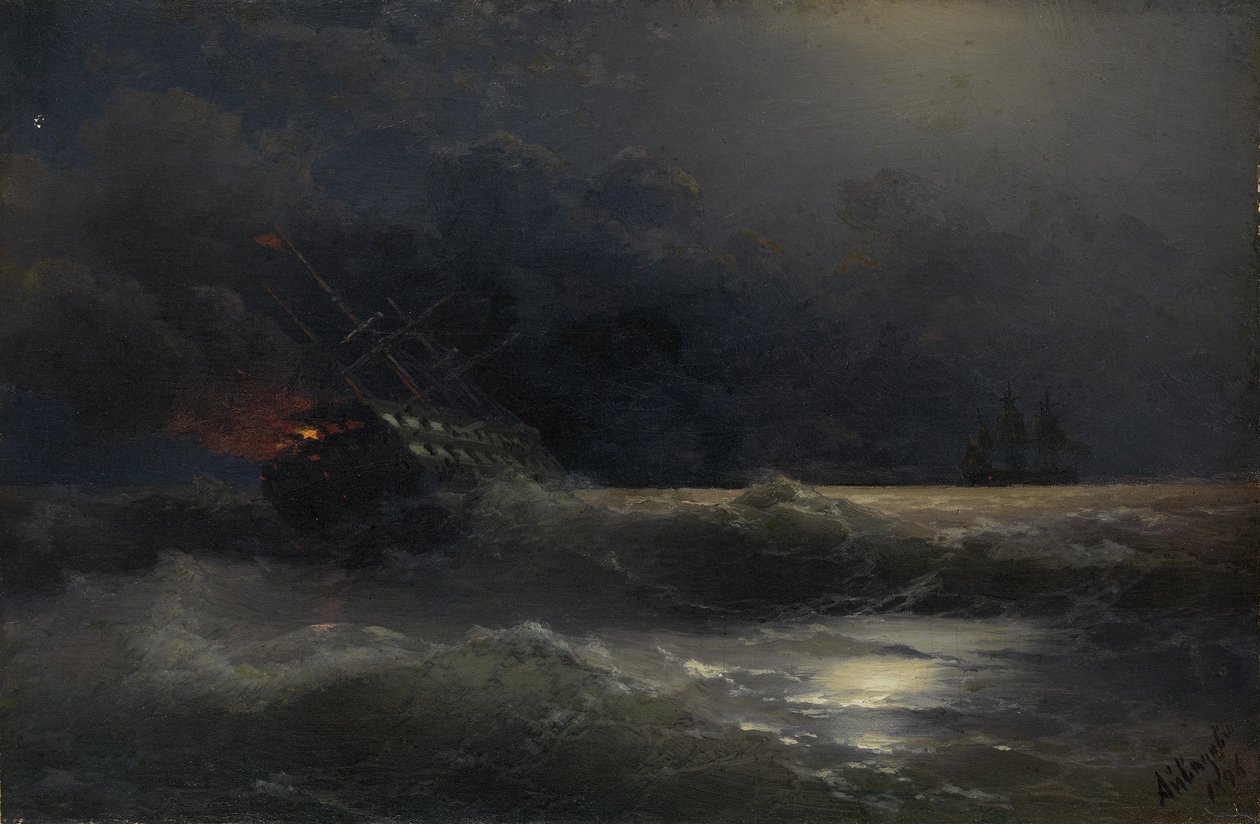 Brændende skib En episode af den russisk-tyrkiske krig, 1896 af Ivan Konstantinovich Aivazovsky