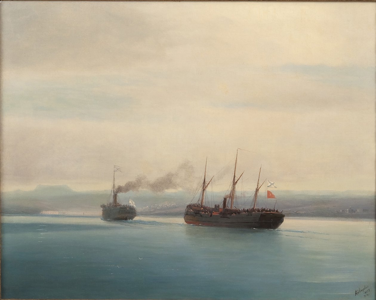 Erobringen af det tyrkiske troppeskib Mersina af dampskibet Rusland den 13. december 1877, 1877 af Ivan Konstantinovich Aivazovsky