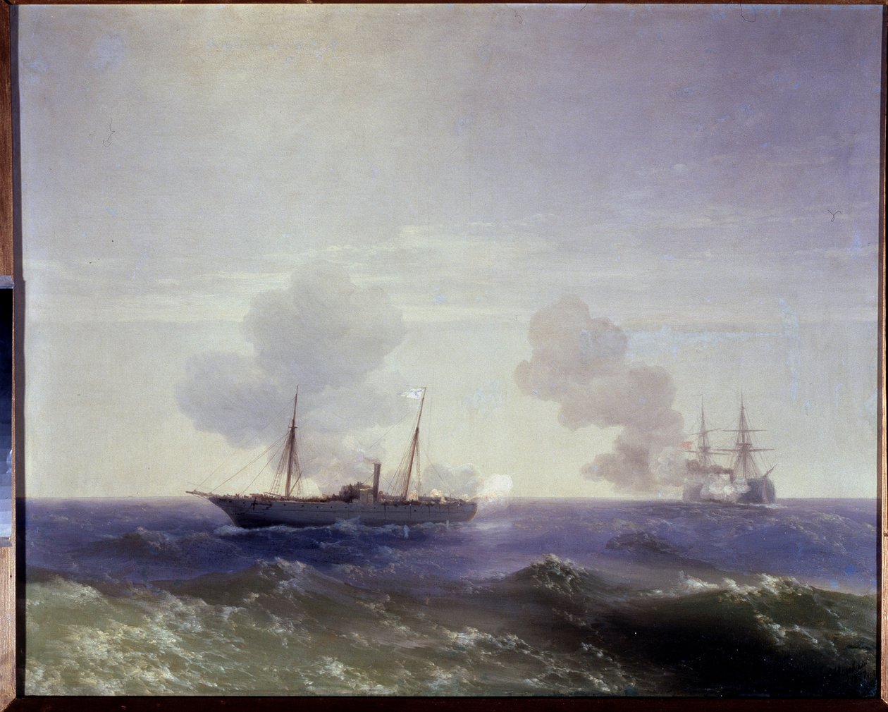 Russisk-tyrkisk (russisk-tyrkisk) krig 1877-1878: Søslaget mellem den russiske krydser Vesta og den tyrkiske jernbeklædte Fethi Bulend i Sortehavet, 11. juli 1877 (Søslaget mellem den russiske krydser Vesta og den jernbeklædte Fethi Det gjorde Bulend af Ivan Konstantinovich Aivazovsky
