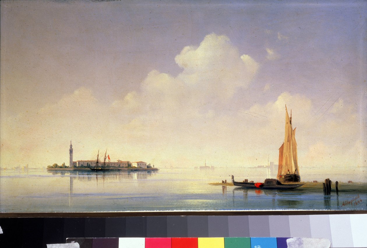 Den venetianske lagune, udsigt over øen San Giorgio Maggiore (Saint-Georges-Majeur, Saint Georges Major) (Den venetianske lagune, udsigt over San Giorgio Maggiore). Maleri af Ivan Konstantinovich Aivazovsky (Ivan Konstantinovitch Aivazovsky af Ivan Konstantinovich Aivazovsky
