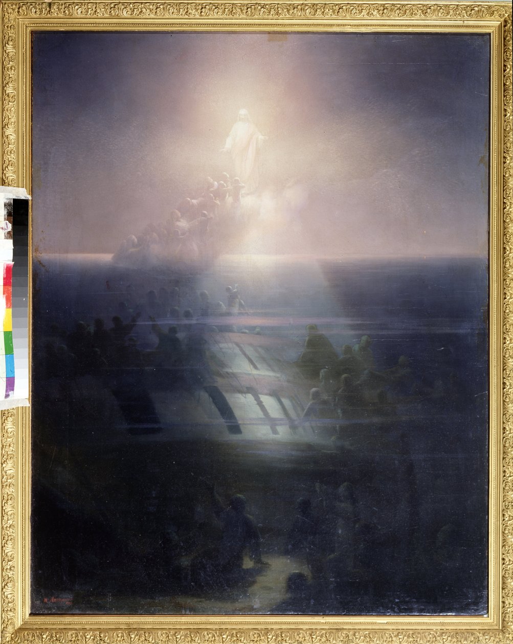 Det 84-kanoners skib Lefort, sank i 1856 under Krimkrigen (1853-1856). ((Sænkning af 84 kanonskibet Lefort i 1856). Maleri af Ivan Konstantinovich Aivazovsky (1817-1900). Olie på lærred af Ivan Konstantinovich Aivazovsky