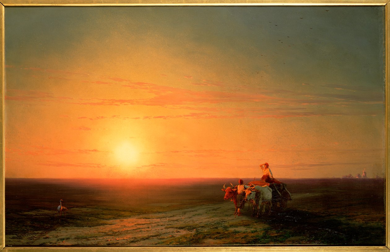 Bønder vender tilbage fra markerne ved solnedgang, 1800-tallet af Ivan Konstantinovich Aivazovsky