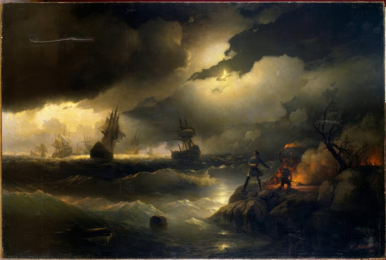Peter den Store tænder et fyrtårn for Krasnoi Gorka af Ivan Konstantinovich Aivazovsky