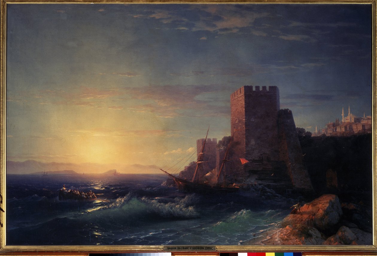 Tårne på klipperne nær Bosporus (udsigt fra Rumeli Hisari fæstningen i Istanbul) (Tårne på klipperne nær Bosporus). Maleri af Ivan Konstantinovich Aivazosky (Ayvaovsky af Ivan Konstantinovich Aivazovsky