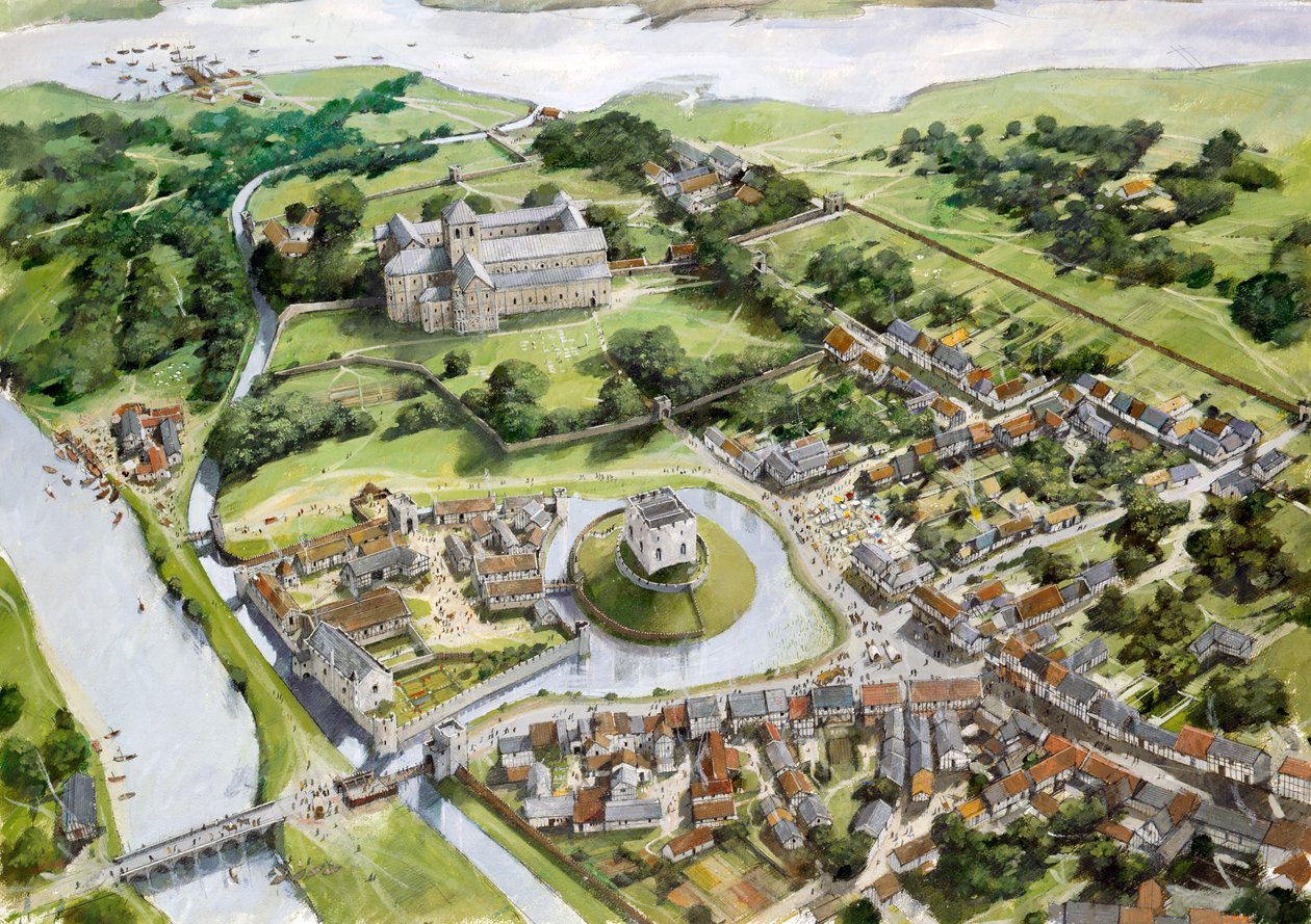 Luftfoto af Christchurch Castle, Port and Priory afbildet i slutningen af det 12. århundrede af Ivan Lapper